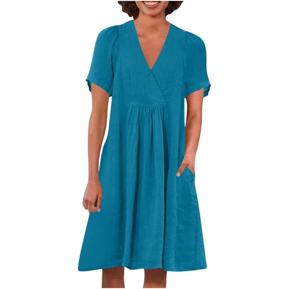 Einccm Women's Casual Linen Blend Dress, Short Sleeve V Neck Pleated a Line Flowy Summer Midi Dress for Beach Vacation, Daily Wear and Spring Outings