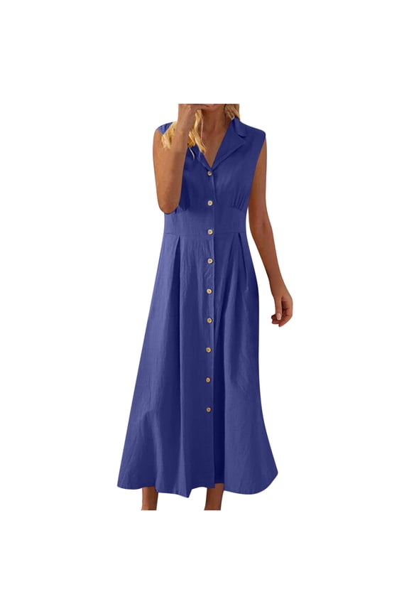 Women's Casual Linen Dress Sleeveless Button Front A-Line Shirt Dress with Turndown Collar Lightweight Comfy Style for Beach Vacation Work Daily Wear