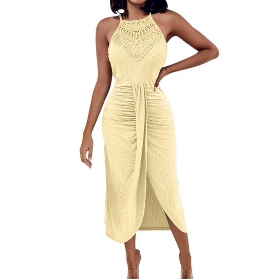 Einccm Women's Casual Midi Dress Sleeveless Solid Round-Neck Ruffle Hem Flowy A-Line Dress for Beach Vacation Parties Wedding Guest Spring Outfits