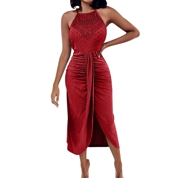 Einccm Women's Casual Midi Dress Sleeveless Solid Round-Neck Ruffle Hem Flowy A-Line Dress for Beach Vacation Parties Wedding Guest Spring Outfits
