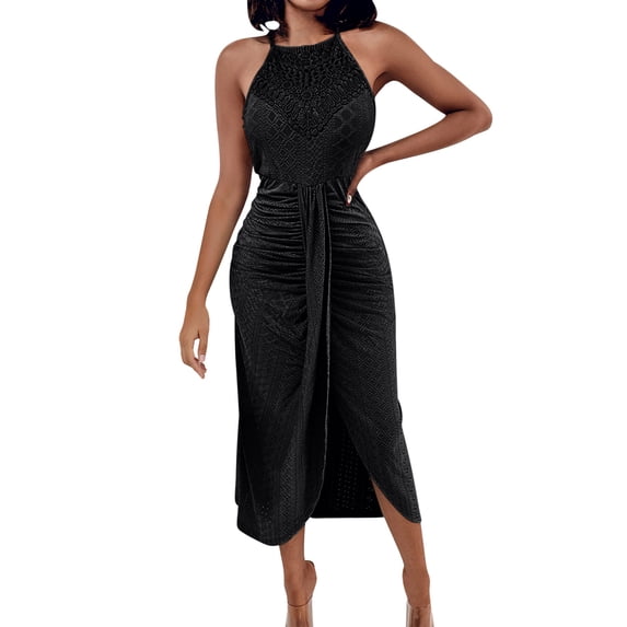 Einccm Women's Casual Midi Dress Sleeveless Solid Round-Neck Ruffle Hem Flowy A-Line Dress for Beach Vacation Parties Wedding Guest Spring Outfits