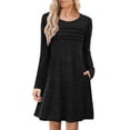 thumbnail image 1 of Einccm Women's Casual Round Neck Fold Dress with Long Sleeve and Pockets, Solid Color Polyester Flowy Dress for Daily Wear, Spring Summer Work Party Vacation, 1 of 6