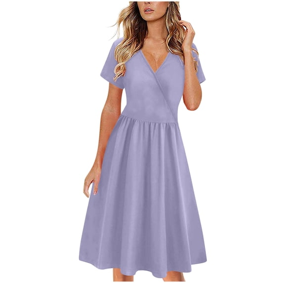 Einccm Women's Casual Ruched Midi Dress with V-Neck and Short Sleeves, Flowy Polyester Dress for Daily Wear, Vacation, Beach, Shopping, and Summer Outfits