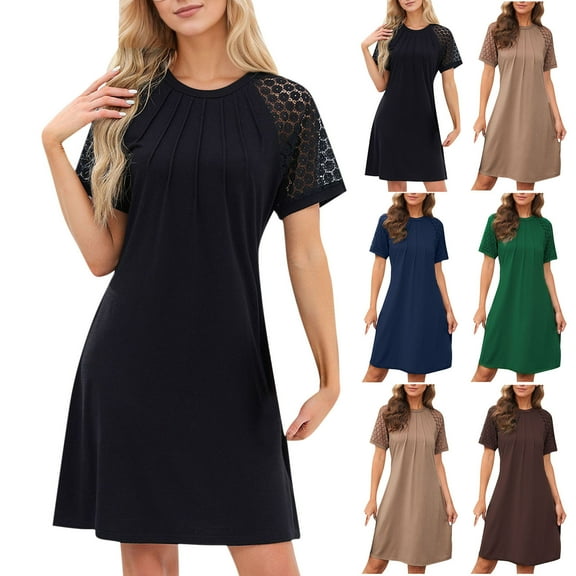 Einccm Women's Casual Short Sleeve Lace Crewneck Ruched Dress for Summer, Elegant Solid Color A-Line Style with Soft Stretch Fabric for Work, Parties, Vacation and Daily Wear