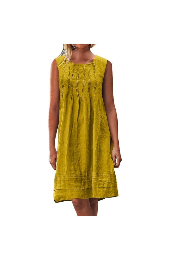 Women's Casual Sleeveless Linen Dress, Round Neck Loose-Fit Summer Sundress with Pleated Solid Design, Flowy Lightweight Midi Dress for Beach Vacation, Daily Wear and Spring Outings
