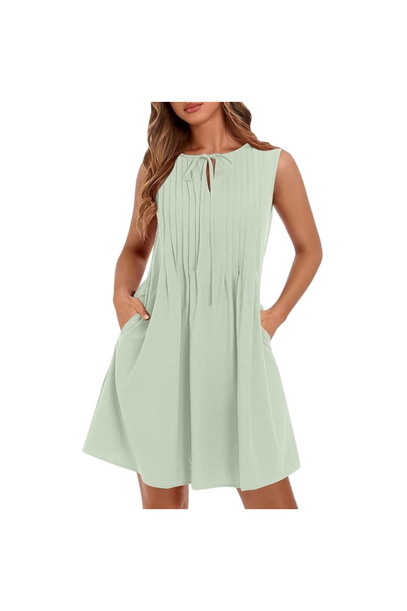 Women's Casual Sleeveless Pleated Dress with Crew Neck and Tie Waist for Summer Vacation or Daily Wear