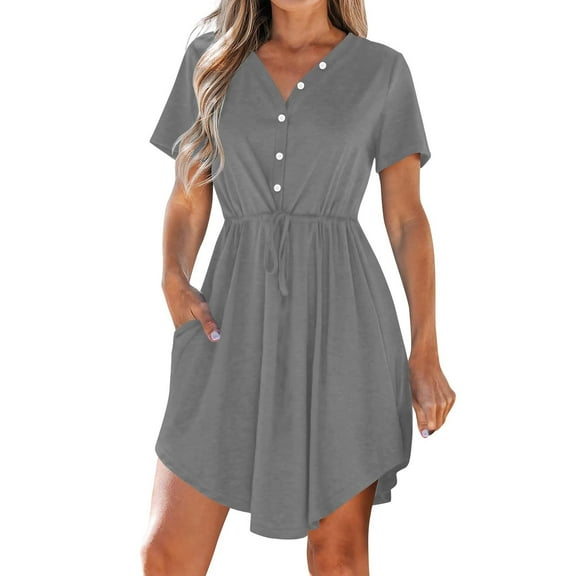 Einccm Women's Casual Summer Dress V Neck Short Sleeve a Line Dress with Drawstring Waist and Pockets Flowy Lightweight Everyday Work Beach Vacation Outfit
