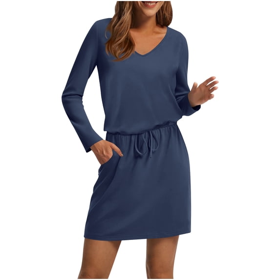 Einccm Women's Casual V Neck Long Sleeve Dress with Tie Waist and Pockets for Summer Daily Wear and Vacation