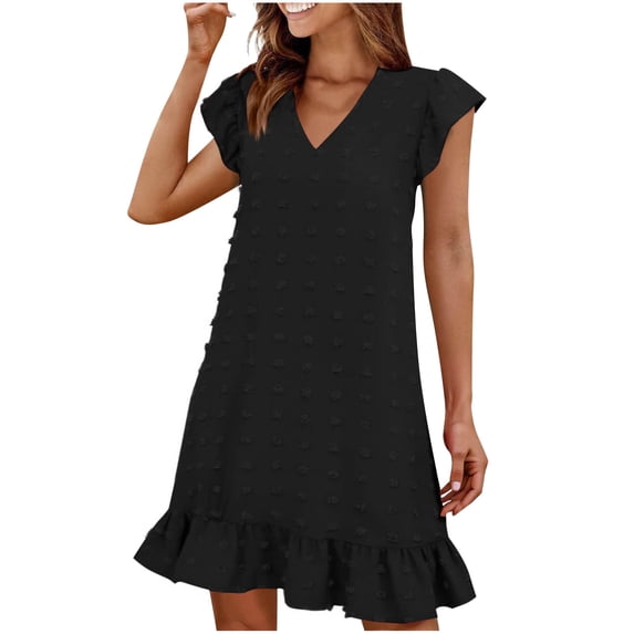 Einccm Women's Casual V Neck Short Sleeve Dress with Ruffle Sleeves and Flowy Solid Silhouette for Summer Daily Wear Beach Vacation Travel and Party