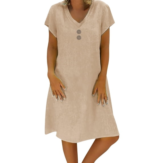 Einccm Women's Casual V Neck Short Sleeve Knee Length Summer Dress Loose Fit Solid Linen Blend Flowy a Line Dress for Beach Vacation Work Daily Wear