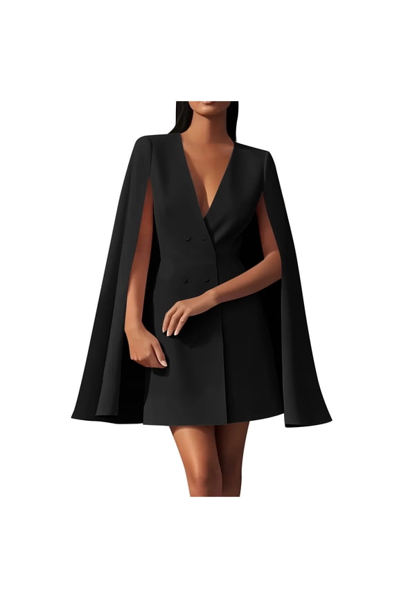 Women's Dress Fall Work Double Breasted Cape Dress with Long Sleeves and Round Neck, Elegant Casual Plus Size Solid Color Suit-Style Dress for Office, Daily Outings, Parties