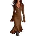 thumbnail image 1 of Einccm Women's Elegant Casual Sweater Dress Long Sleeve Half Zip Flared Sleeve Knit Fishnet Maxi Dress, Solid Chiffon Flowy Dress for Fall, Work, Office, Party and Daily Wear, 1 of 9