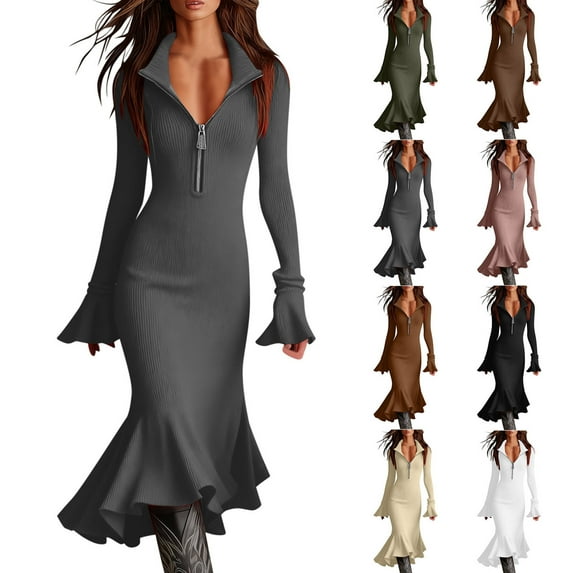 Einccm Women's Elegant Casual Sweater Dress Long Sleeve Half Zip Flared Sleeve Knit Fishnet Maxi Dress, Solid Chiffon Flowy Dress for Fall, Work, Office, Party and Daily Wear