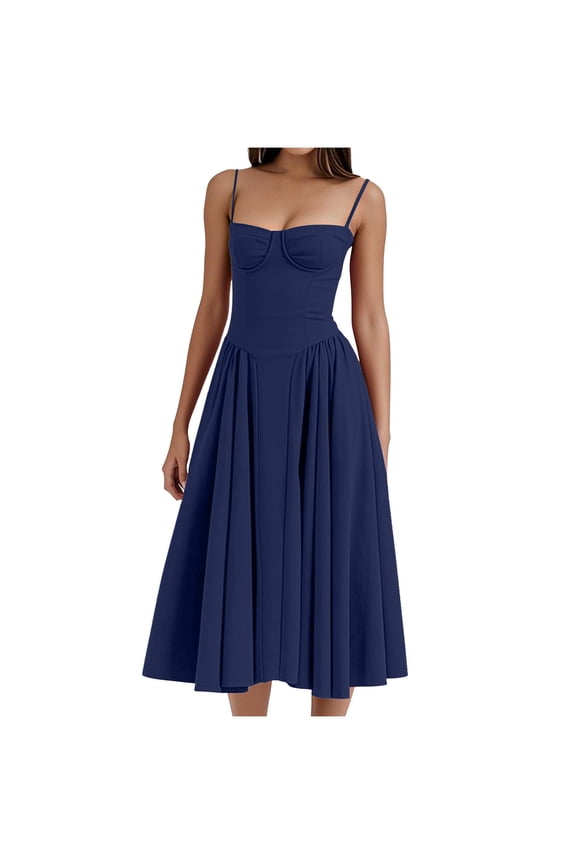 Women's Elegant French Suspender Dress Slim V Neck a Line Midi Dress with Waist Belt and Practical Pockets for Summer Spring Casual Daily Wear Beach Vacation Party