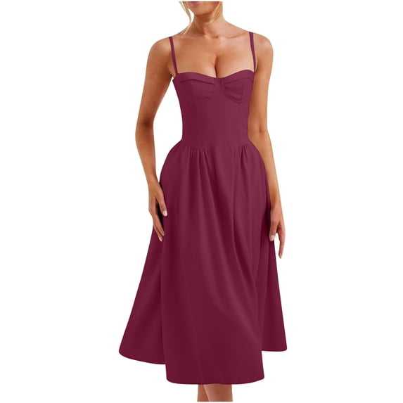 Einccm Women's Elegant French Suspender Dress Slim V Neck a Line Midi Dress with Waist Belt and Practical Pockets for Summer Spring Casual Daily Wear Beach Vacation Party