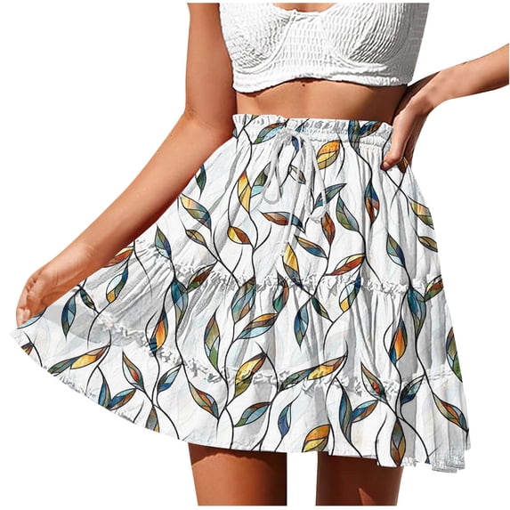 Einccm Women's Floral Print Lace Skirt - Summer Beach Boho Style - Adjustable Drawstring Tie Waist Casual Flowy Bottoms for Vacation and Daily Wear
