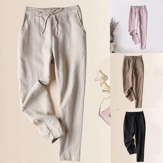Einccm Women's High Waist Linen Pants, Cropped Straight Leg Wide Leg Pants with Drawstring and Side Pockets, Loose Plus Size Casual Summer Pants for Daily, Vacation, and Party Wear