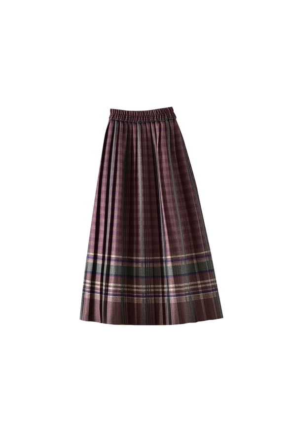 Women's High Waist Pleated Skirt, Autumn Winter Plaid A-Line Skirt, Elastic Waist Knee Length Wool Blend Skirt for Casual Office School