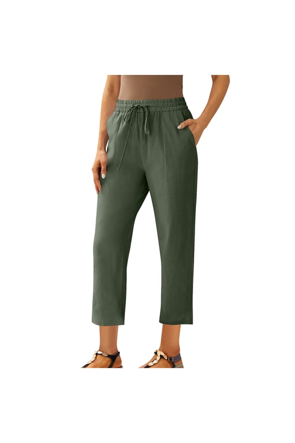 Women's High Waist Straight Leg Casual Pants with Drawstring, Cotton-Linen Blend, Ankle-Length, Solid Color, Everyday Wear, Relaxed Fit, Pockets, Spring and Summer Fashion