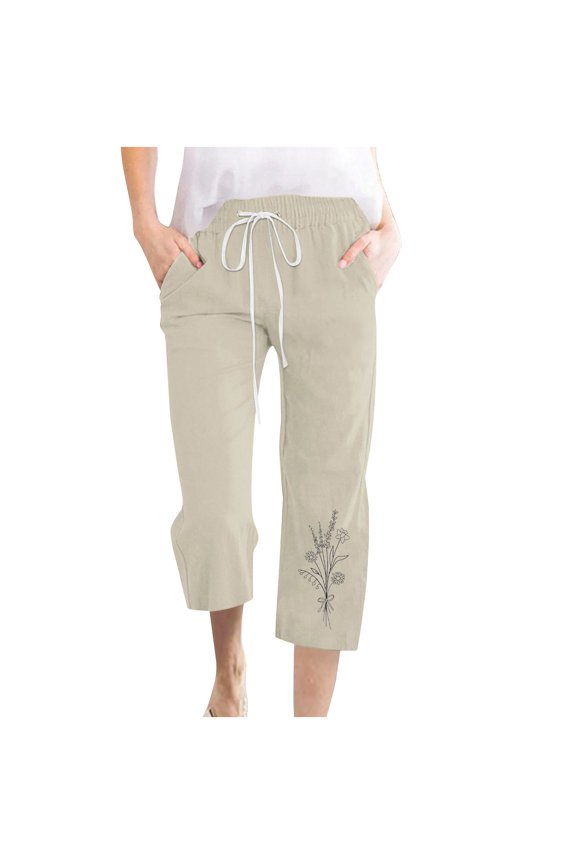 Women's High Waisted 7/8 Wide Leg Cropped Pants with Elastic Drawstring Waist, Side Pockets and Floral Embroidery Casual Trousers