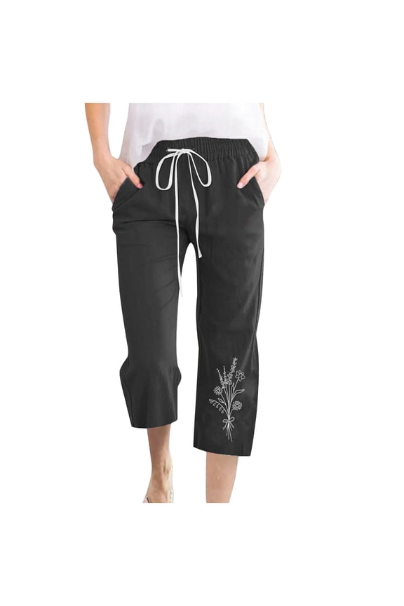 Women's High Waisted 7/8 Wide Leg Cropped Pants with Elastic Drawstring Waist, Side Pockets and Floral Embroidery Casual Trousers