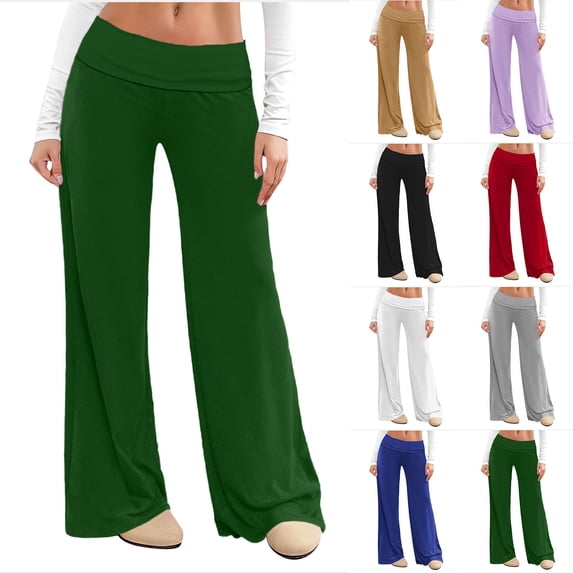 Einccm Women's High Waisted Flare Leg Pants - Solid Color Elastic Waist Wide Leg Trousers - Flowy Bell Bottom Casual Yoga Pants for Vacation and Daily Wear