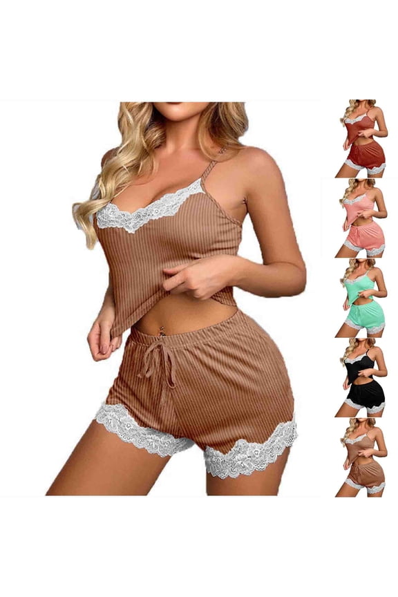 Women's Lace Suspenders Pajama Set, Charming Lingerie Shorts and Cami Sleepwear, Soft Polyester Spandex Loungewear for Valentine's Day, Honeymoon, Bedroom and Special Nights