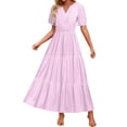 thumbnail image 1 of Einccm Women's Maxi Dress Boho V Neck Short Sleeve Pleated Long Dress with Elastic Waist and Pockets, Flowy Casual Summer Beach Vacation Wear for Daily and Party, 1 of 7