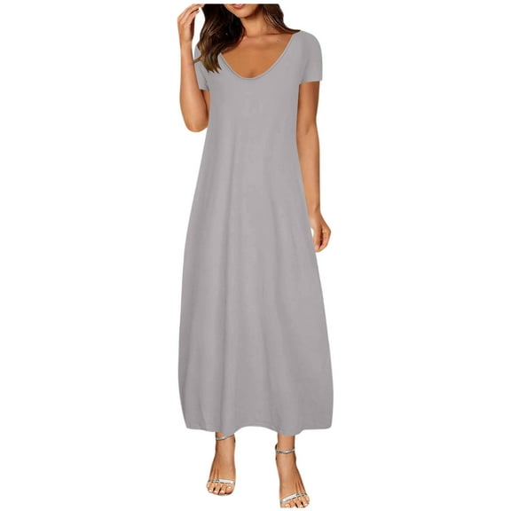 Einccm Women's Maxi Dress Casual Short Sleeve Round Neck Solid Color Flowy Summer Dress with Pockets, Comfortable Loose-Fit Long Dress for Daily Wear and All-Occasion Outfits