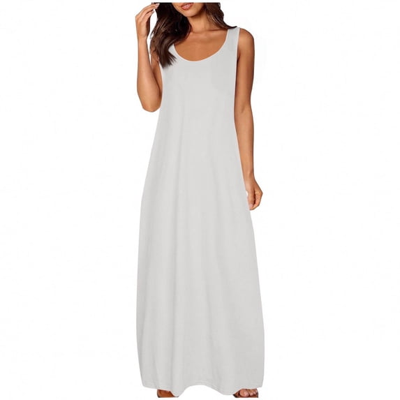 Einccm Women's Maxi Dress Casual Sleeveless Solid Color Dress with Large Pockets and Round Neck, Flowy Summer Long Dress for Daily Wear, Beach Vacation, Spring Outings