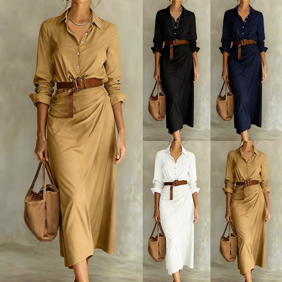 Einccm Women's Midi Dress Casual V-Neck Button Front Long Sleeve Solid Mid-Calf Dress with Tie Waist Soft Polyester for Summer Spring Work Wedding Guest Party