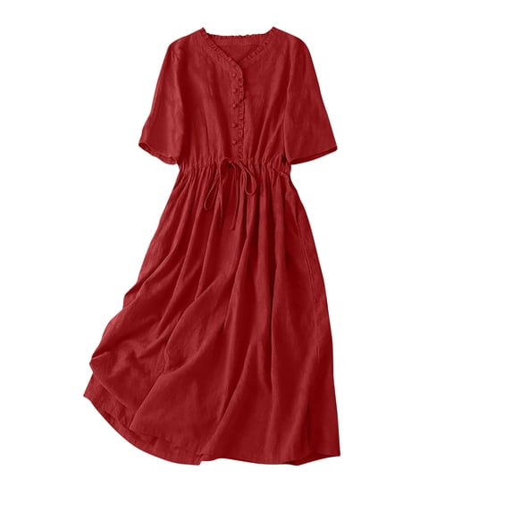 Einccm Women's Midi Dress Casual V Neck Summer Dress with Five-Quarter Sleeves, Drawstring Waist and Handy Pockets, Solid Textured Lightweight Style for Daily Wear, Work, Parties and Travel