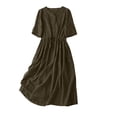 thumbnail image 1 of Einccm Women's Midi Dress Casual V Neck Summer Dress with Five-Quarter Sleeves, Drawstring Waist and Handy Pockets, Solid Textured Lightweight Style for Daily Wear, Work, Parties and Travel, 1 of 8