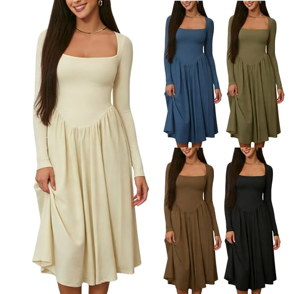 Einccm Women's Midi Dress Square Neck Long Sleeve Fitted Waist Bodycon Flowy Solid Color for Work Office Party Date Night Spring Fall