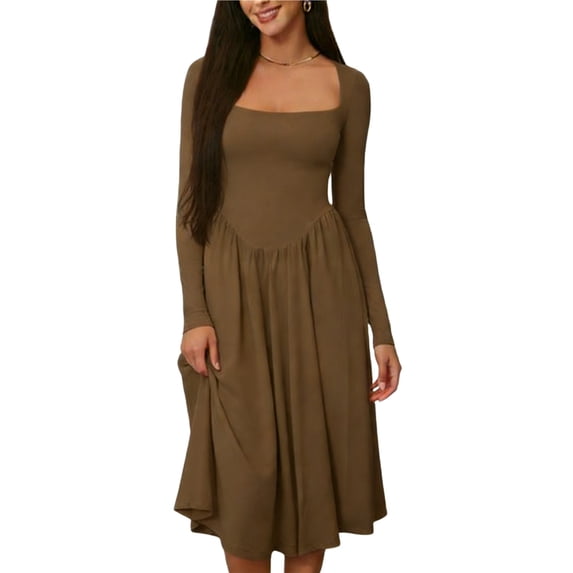 Einccm Women's Midi Dress Square Neck Long Sleeve Fitted Waist Bodycon Flowy Solid Color for Work Office Party Date Night Spring Fall
