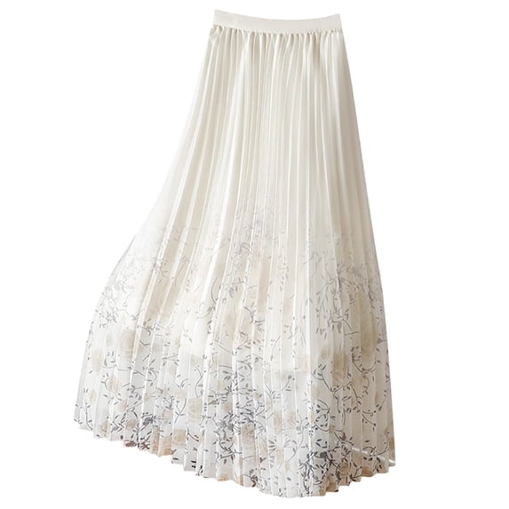 Einccm Women's Midi Skirt Spring Summer Casual A-Line Pleated Floral Mesh Skirt Flowy Lightweight High Waist Beach Vacation Party Wear