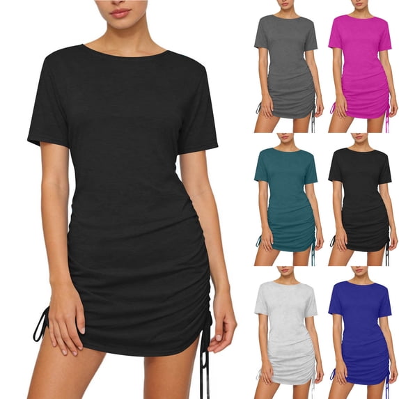 Einccm Women's Mini Dress Ruched Bodycon Short Sleeve Crewneck with Adjustable Side Drawstring for Casual Summer Daily Wear Work Travel and Versatile Styling