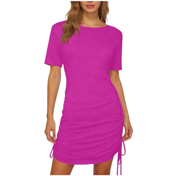 Einccm Women's Mini Dress Ruched Bodycon Short Sleeve Crewneck with Adjustable Side Drawstring for Casual Summer Daily Wear Work Travel and Versatile Styling