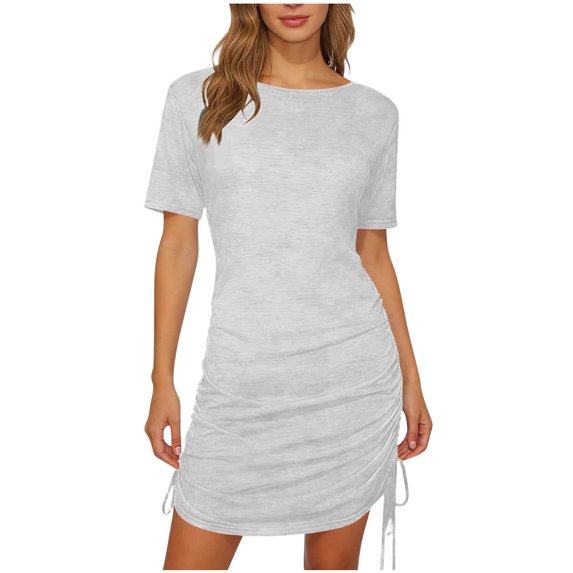 Einccm Women's Mini Dress Ruched Bodycon Short Sleeve Crewneck with Adjustable Side Drawstring for Casual Summer Daily Wear Work Travel and Versatile Styling
