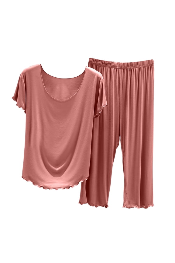 Women's Modal Short Sleeve & Cropped Pants Pajama Set, Loose Fit Wood Ear Trim Loungewear, Soft Comfortable Home Clothes for Sleeping and Relaxing, 2-Piece Sleepwear Set