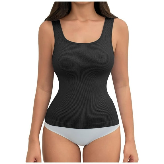 Einccm Women's Seamless U-Neck Slimming Tank Top High-Elasticity Shapewear Cami Ribbed Sleeveless Undershirt for Casual Workout Yoga Daily Wear