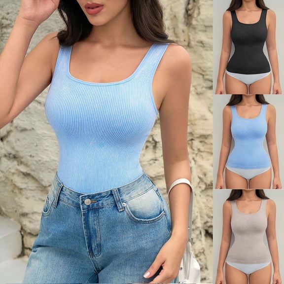 Einccm Women's Seamless U-Neck Slimming Tank Top High-Elasticity Shapewear Cami Ribbed Sleeveless Undershirt for Casual Workout Yoga Daily Wear