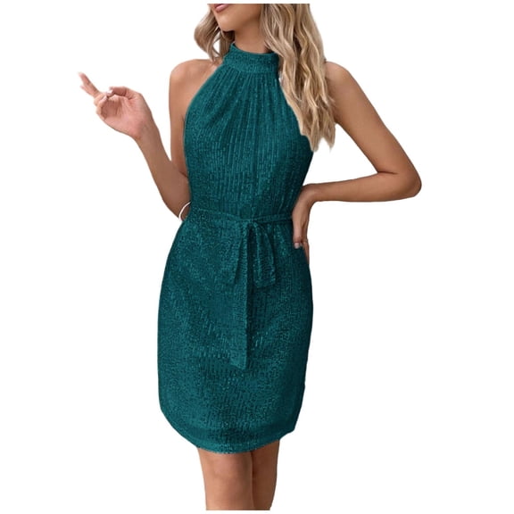 Einccm Women's Sequin Sleeveless Mini Dress, Charming Halter V-Neck Bodycon Party Dress with Tie Waist and Shimmering Sparkle, Elegant Summer Cocktail Outfit