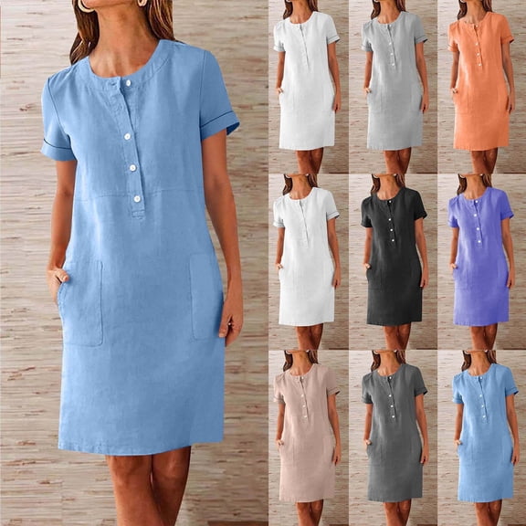 Einccm Women's Short-Sleeve Button-Front Dress with Round Neck and Pockets — for Office, Travel and All Seasons