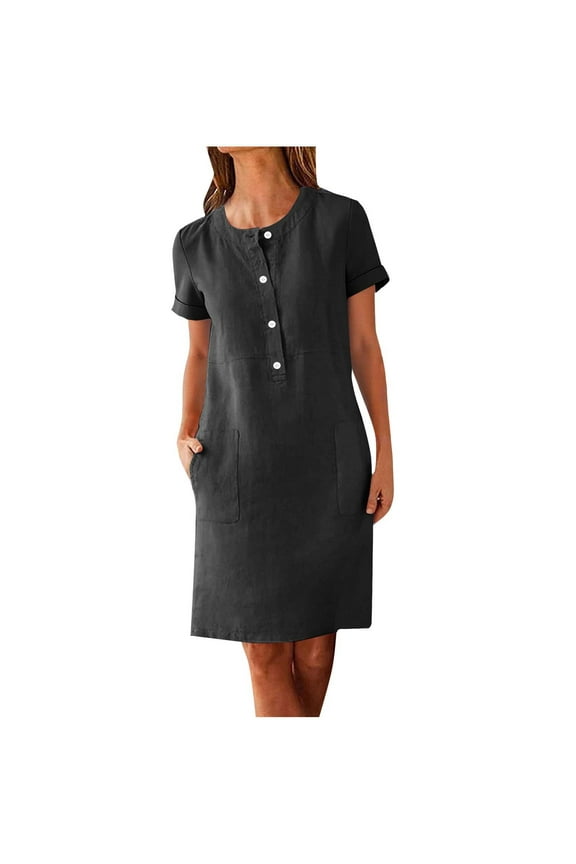 Women's Short-Sleeve Button-Front Dress with Round Neck and Pockets — for Office, Travel and All Seasons