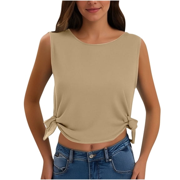 Einccm Women's Side Slit Sleeveless Round Neck Tank Top Loose Fit Solid Color Casual Shirt Cami Top for Daily Wear