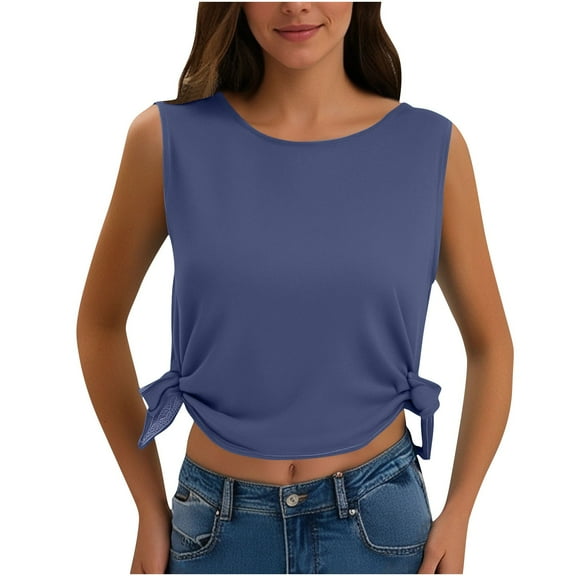 Einccm Women's Side Slit Sleeveless Round Neck Tank Top Loose Fit Solid Color Casual Shirt Cami Top for Daily Wear