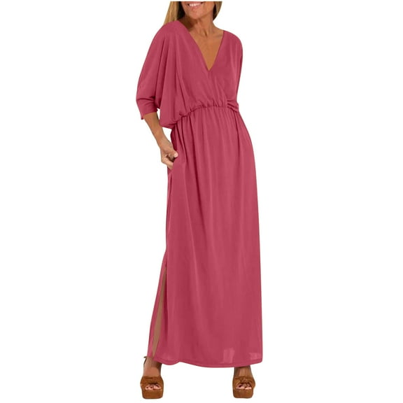 Einccm Women's Sleeveless V Neck Casual Maxi Dress with Empire Waist and Side Slit Summer Beach Party Flowy Dress for Vacation Daily Wear