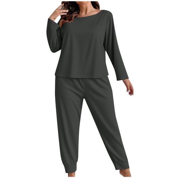 Einccm Women's Soft Solid Color Long Sleeve Pajama Set, Loose Fit High-Waist Pants and T-Shirt, Cozy Casual Home Sleepwear Loungewear, Polyester Two-Piece Outfit