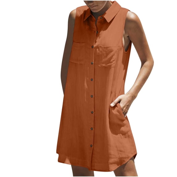 Einccm Women's Summer Casual V Neck Sleeveless Button Front Linen-Look Tunic Tank Dress with Pockets, Lightweight Flowy A-Line Style for Beach Vacation Work Daily Wear